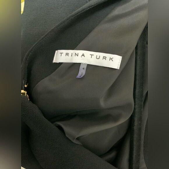 Trina Turk Sz 4 Embroidered Florals Black Lined Dress Tiered Flared 3/4 Sleeves - Picture 6 of 7